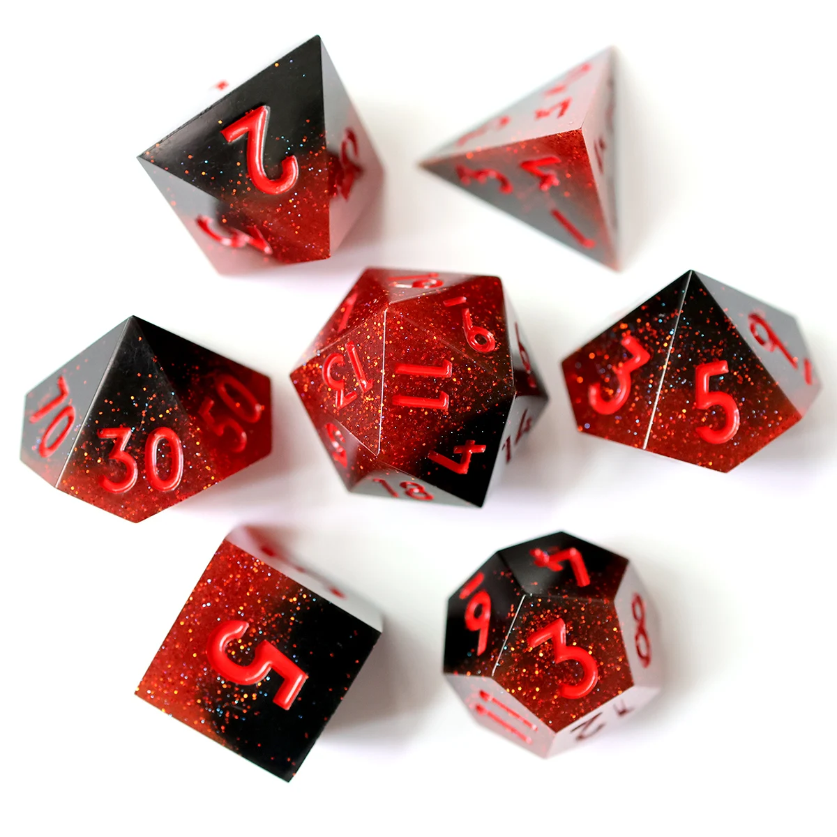 

Full Set Handmade Polyhedral Sparkling DND Resin Sharp Edge RPG Dice For Board Games-Scarlet Magic