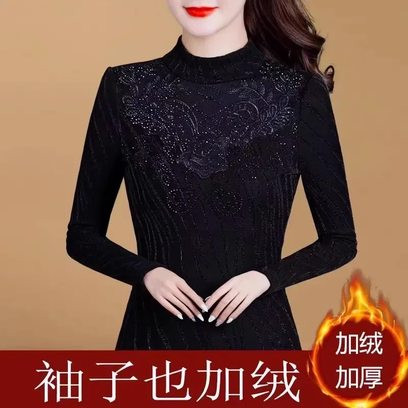 

Thickened Velvet Bottoming Shirt for Women New Slim Half Turtleneck Heavy Industry Hot Diamond Autumn and Winter Warm Top