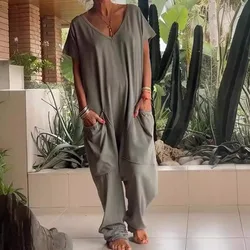 Moda uliczna nowe luźne kombinezony dla kobiet jednolity kolor Casual krótkie rękawy V dekolt kieszenie długie spodnie damskie na co dzień pajacyki