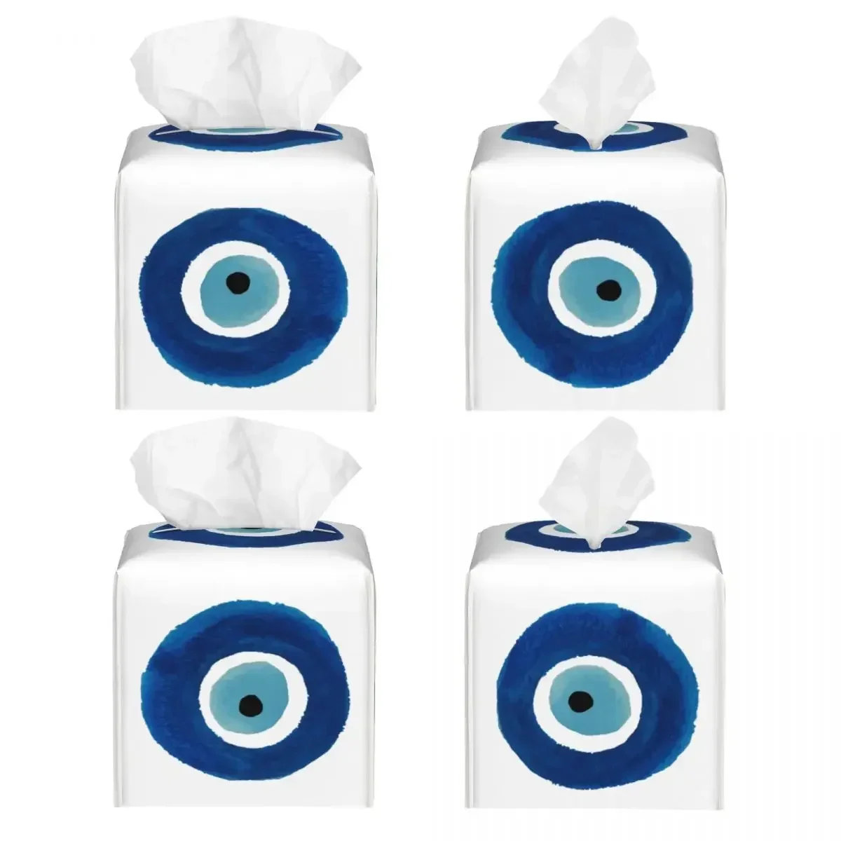 Custom Watercolor Evil Eye Nazar Painting Tissue Box Cover PU Leather Square Hamsa Lucky Charm Facial Tissues Holder for Office