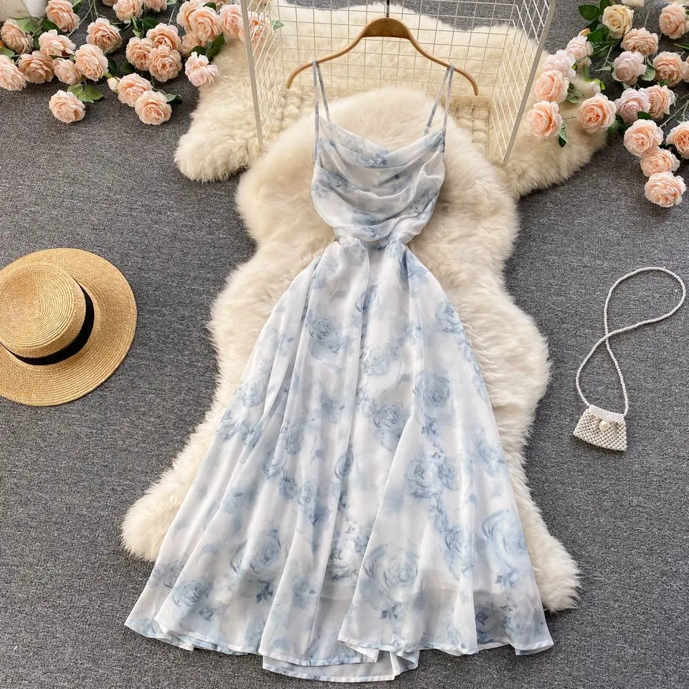 

Gentle Wind Floral Strap Summer Super Immortal Forest Series First Love Waist Collection Beach Vacation Beach Skirt Women Dress