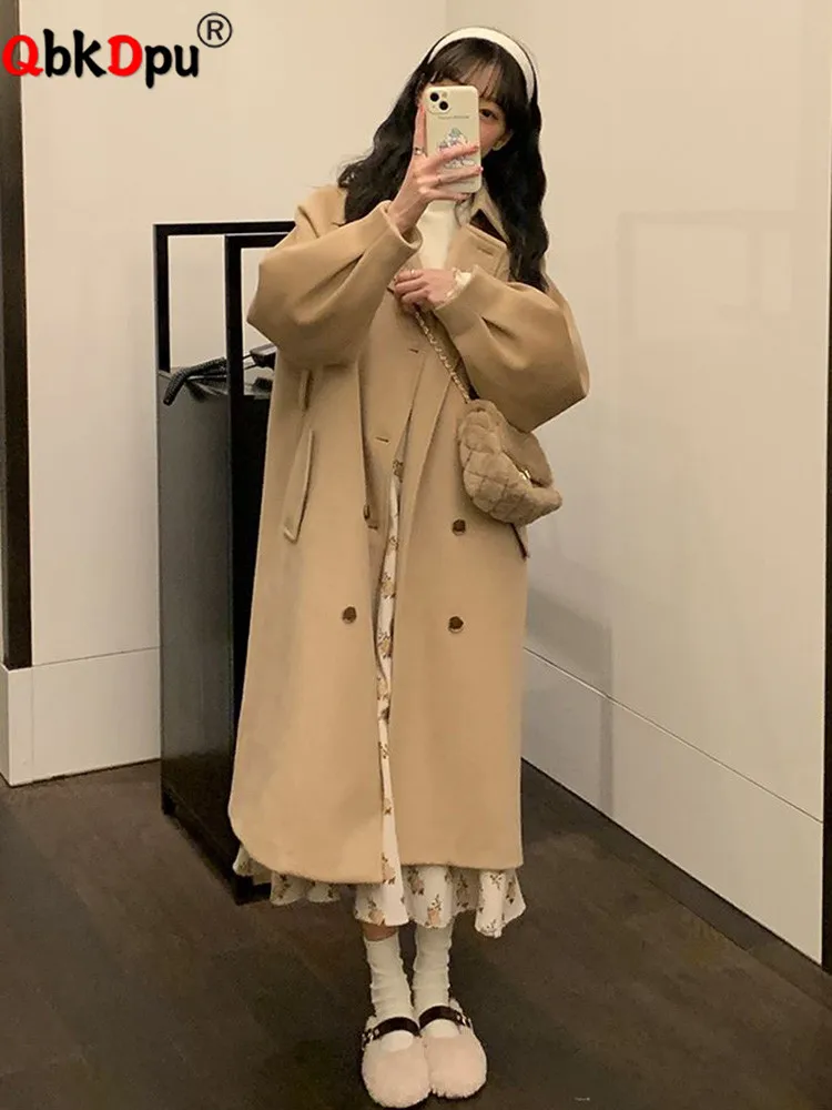 

Korean Winter Baggy Woolen Coat Jackets Warm New Turn Down Collar Parkas Outwear Thick Women Double Breasted Overcoat Abrigo