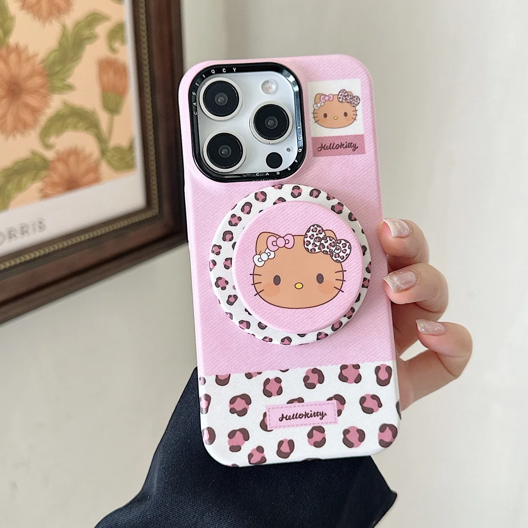 

Leopard print Hello Kitty Phone Case For Magnetic stand holder iPhone 17 16 15 14 12 13 Pro Max 14 15 PLUS Y2K Pink Lovely Cover