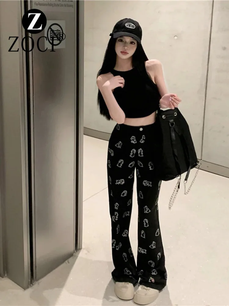 [zoci] Autumn Wang Aw Peter Rabbit's Summer Black Rhinestone Loose Casual Hanging Straight Leg Pants Women