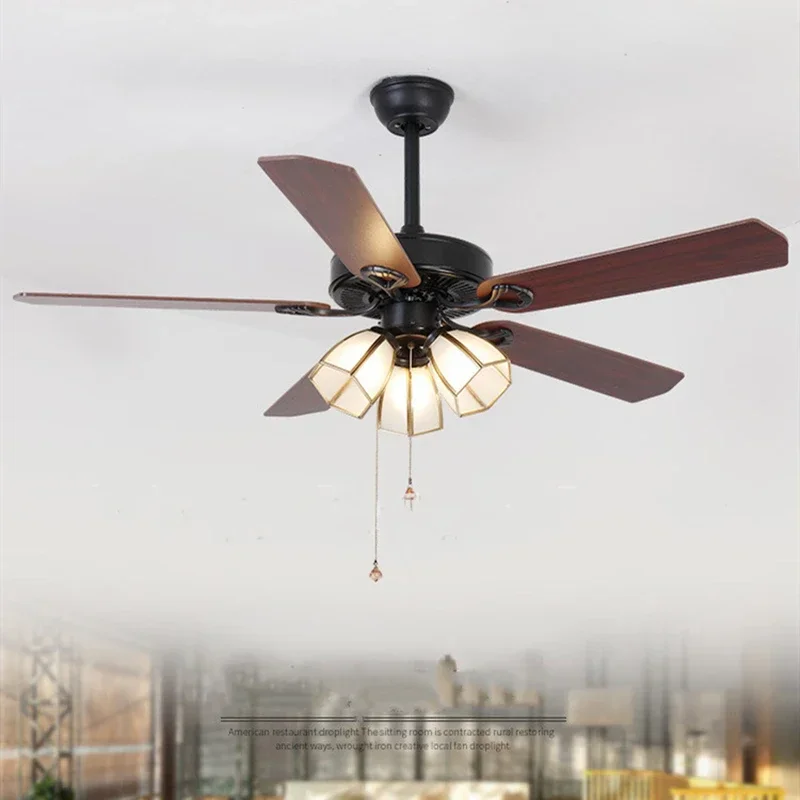 

Vintage Industrial Wood Retro Ceiling Fan With Led Light And Control Glass Lampshade Fans For Home Bedroom Livingroom Office