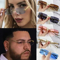 Retro Square Rimless Sunglasses Women Seaside Cheetah Decoration Frameless Gradient Lens Eyeglasse Outdoor UV Protective Shades