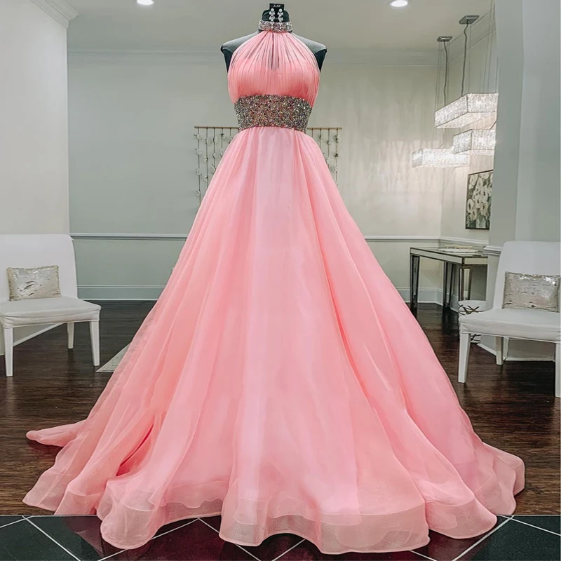 

2024 Pink Crystal Sequin Halter Neckline Prom Dress with Beading Belt for Any Evening & Party Event Watermelon Vestido De Festa