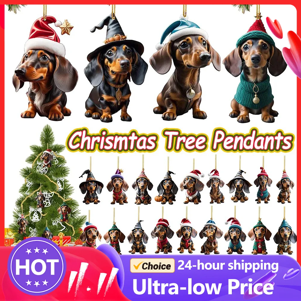 Christmas Cartoon Dachshund Dog Ornament Acrylic Dog Figurines Decor Funny Puppy Pendant Xmas Tree Backpack Car Interior Decor