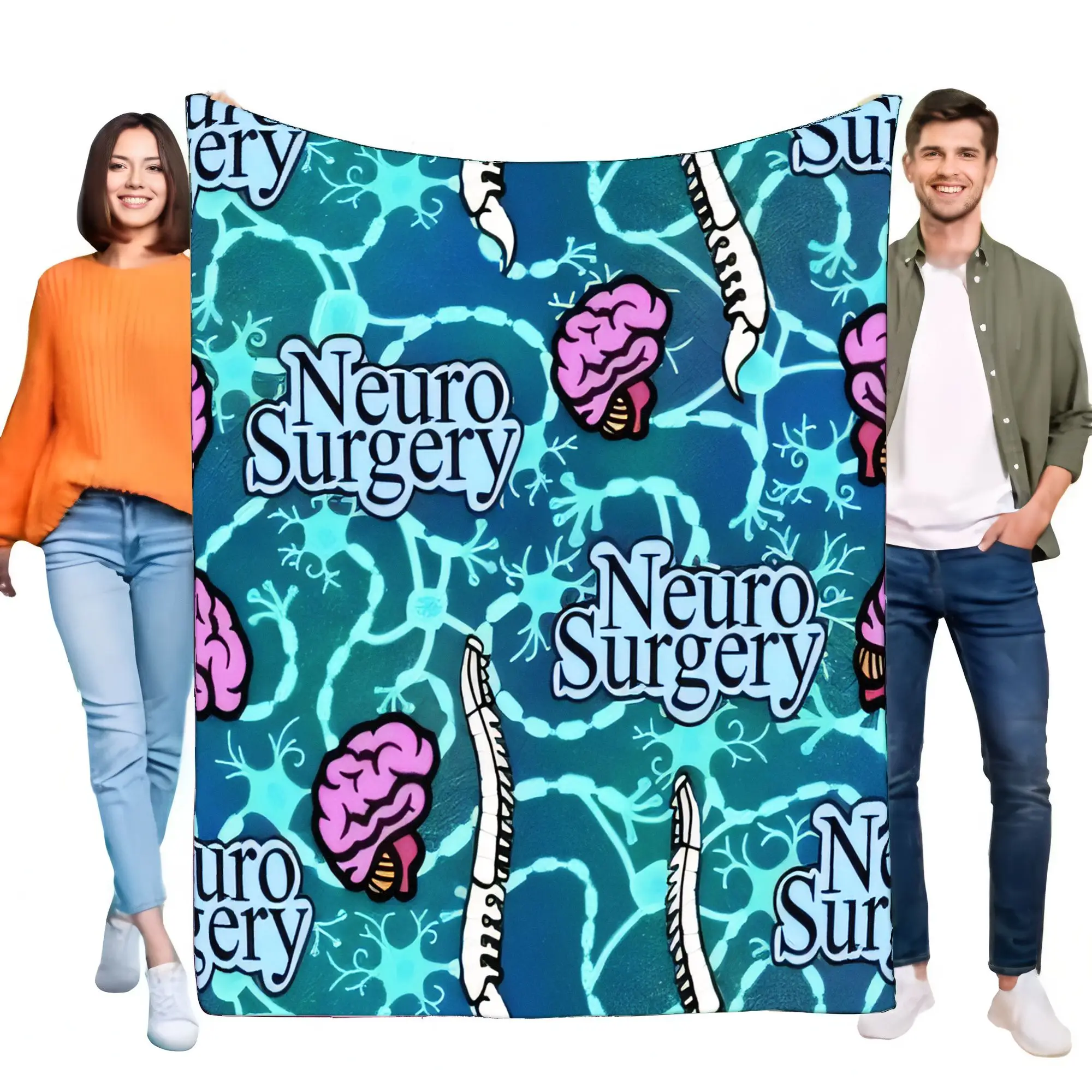 Neuro Surgery Anatomy Blanket Flannel Throw, Brain Neuron Surgical Tools Pattern, Ultra-Soft Cozy Warm Gift for Doctor Nurse Stu