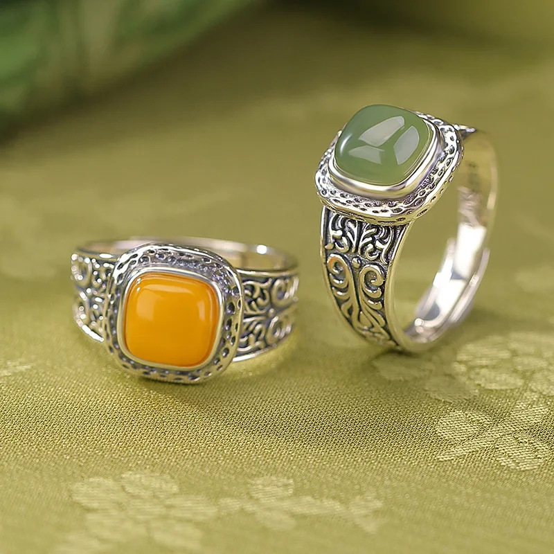 

Amber S925 Sterling Silver Hetian Jade Curly Grass Pattern Square Ring Versatile Style