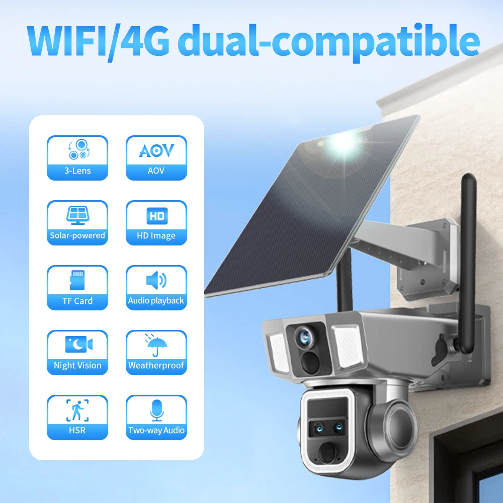 Outdoor 4G WiFi 3 Lens 10X Zoom Solar Security Camera Two-way Audio CMOS Sensor Cloud Night Vision PIR Motion Detection 1 Year