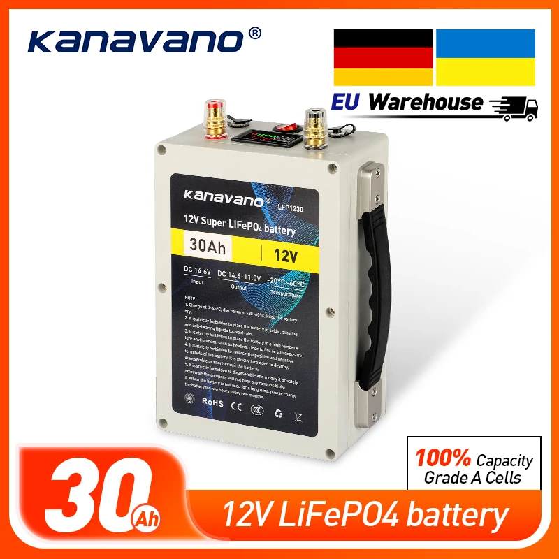 Kanavano 12V Deep Cycle 12.8V 30Ah LiFePO4 Rechargeable Battery Pack With Built-in BMS Protection With 6A EU/US Charger