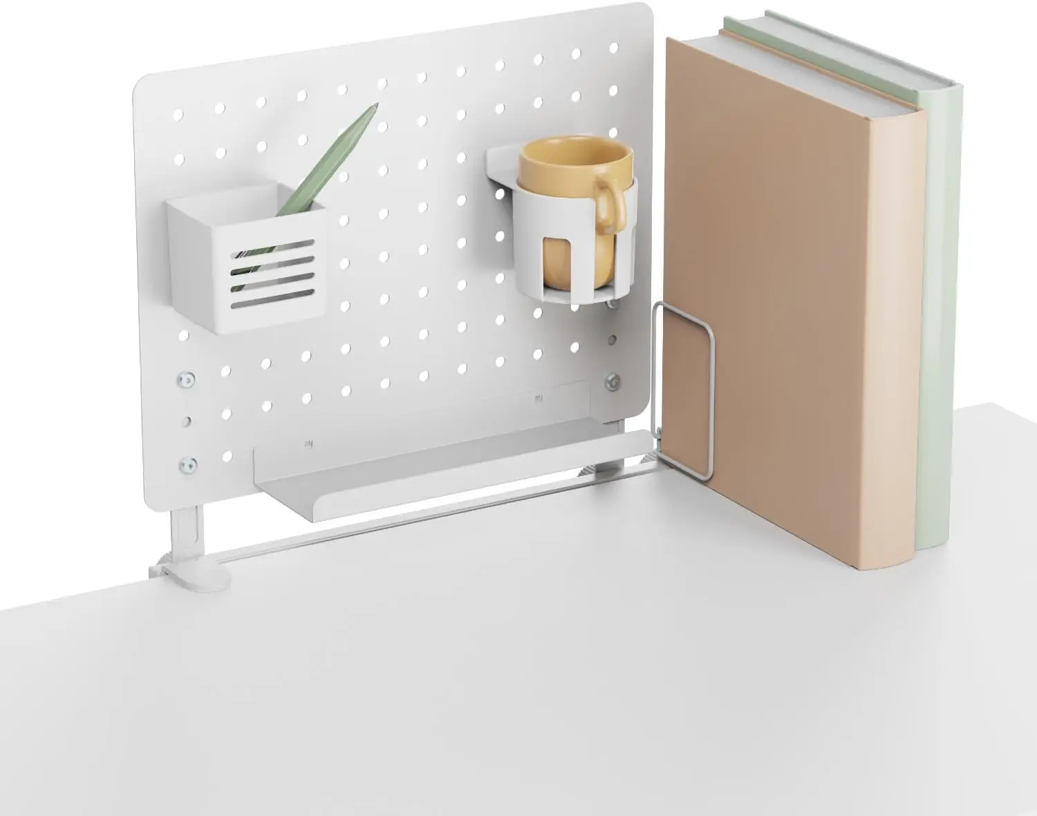 HOKO TINO Memo Lochwand, Organizerwand für Kinderschreibtisch. Mit verstellbarer Buchstütze, Becherhalter, Stiftehalter und Utensilien-Regal. Lochbrett Stecktafel Set weiß