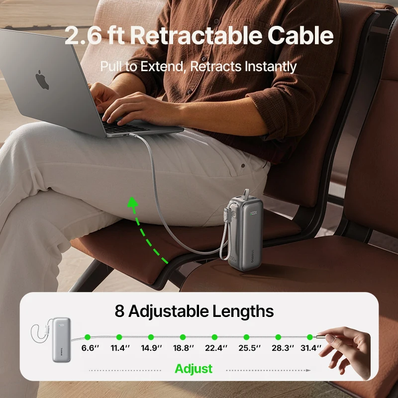 Baseus 100W 20000mAh Power Bank z wysuwanym kablem USB-C do iPhone 18 Duo 17 Pro Max Samsung S26 Przenośna ładowarka do laptopa — zdjęcie produktu 4