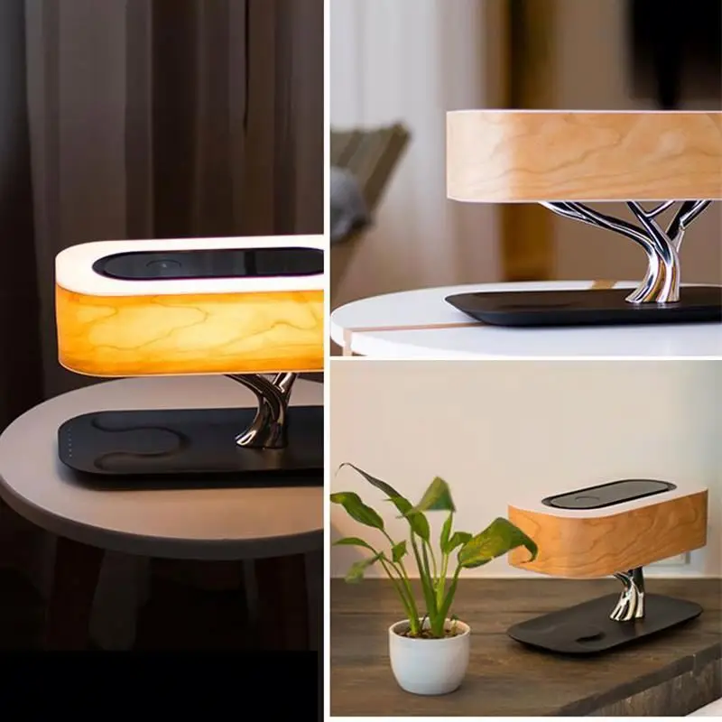 Lampu meja Hometree multifungsi, lampu meja kamar tidur kayu dengan Speaker, lampu malam pengisian daya nirkabel