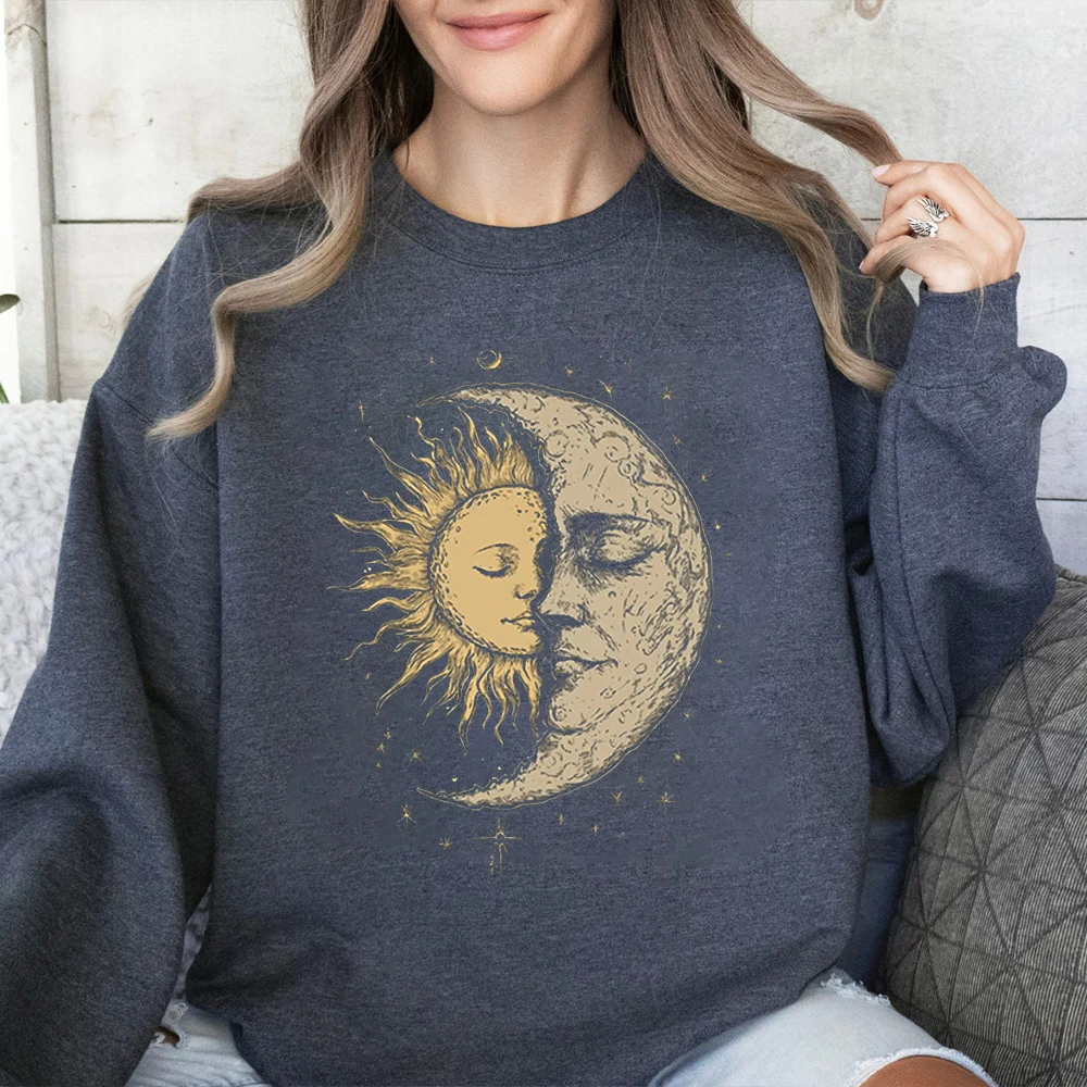เสื้อสเวตเชิ้ตยูนิเซ็กซ์ลายพระอาทิตย์และพระจันทร์สไตล์วินเทจโบฮีเมียน แขนยาว ผ้าฟลีซ สวมใส่สบายๆ ทุกวัน สไตล์ Y2K เสื้อสตรีทแวร์
