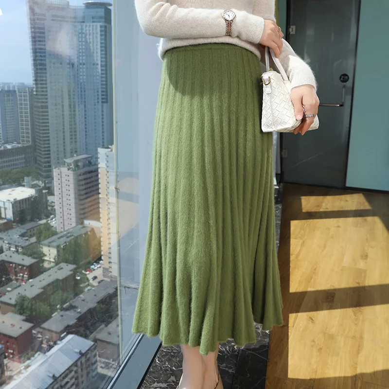 Autumn And Winter Fashion Mink Cashmere Long Waist Slim Skirt Female A-Knit Umbrella Skirt Fashion Pleated Skirt