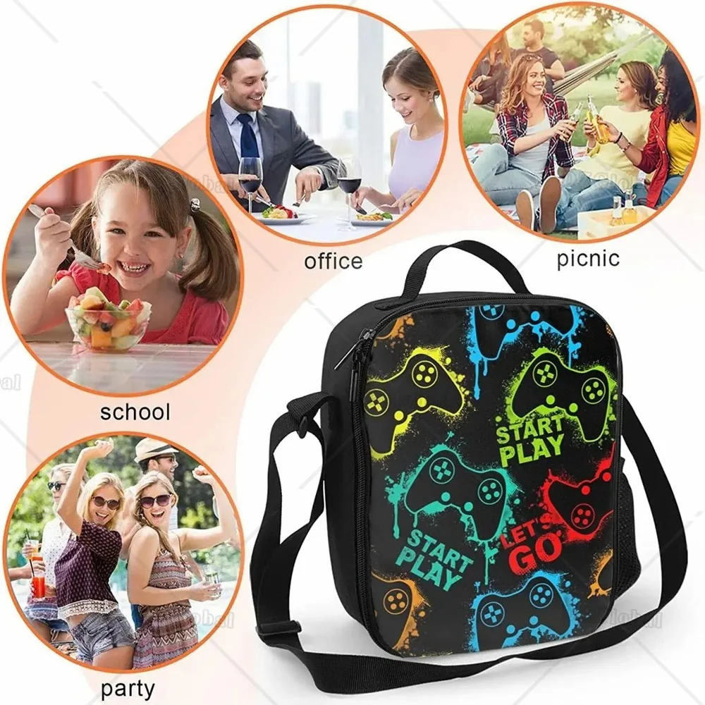 Video Game Controller Black Background Insulated Lunch Bag Reusable Thermal Tote Bag Lunch Box Food Container for Men Women Kids