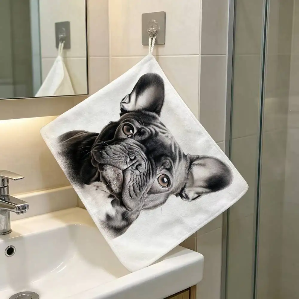 Cute Pet Mini French Bulldog Household Hanging Towel Polyester Cotton Hand Wiping Towel Sturdy For Bathroom Bedroom