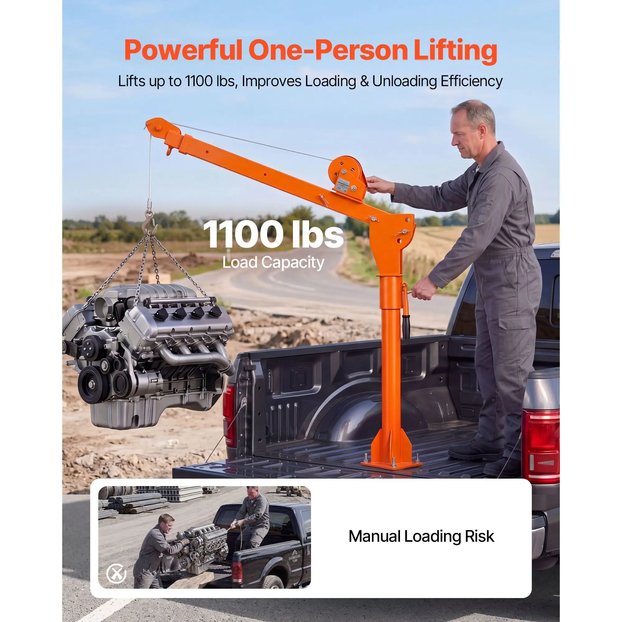 Truck Crane, 1100 lbs Manual Pickup Truck Crane with Hand Winch, 360° Rotating Telescopic Boom, Premium Galvanized Steel,