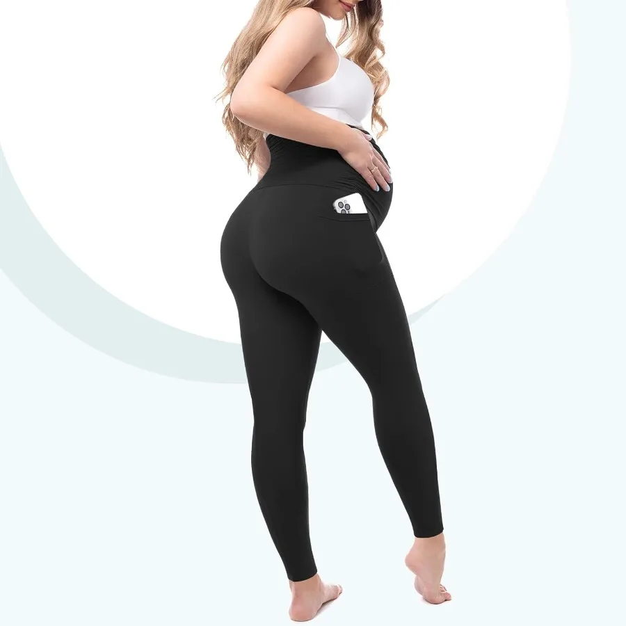 Maternity Fleece Lined Leggings with Pockets Warm Pregnancy Buttery Soft Yoga Workout Pants Winter