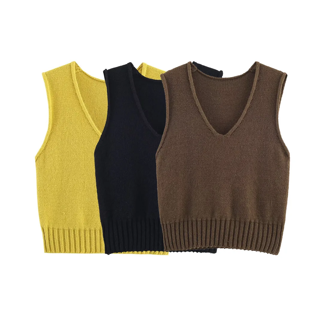 

2025 осенне-зимний повседневный однотонный женский вязаный жилет без рукавов с v-образным вырезом