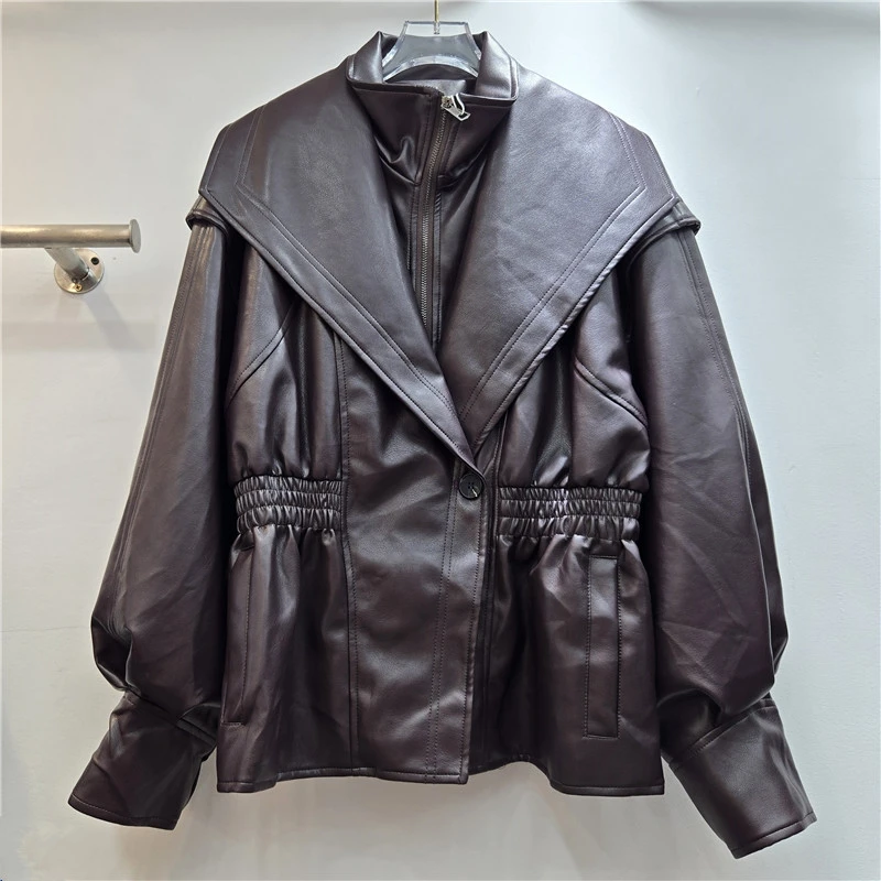 Wine Red Black Faux PU Leather Jacket Women Autumn Fashion Fake Two-Piece Stand Collar Single Button Elastic Waist Biker Jacket.