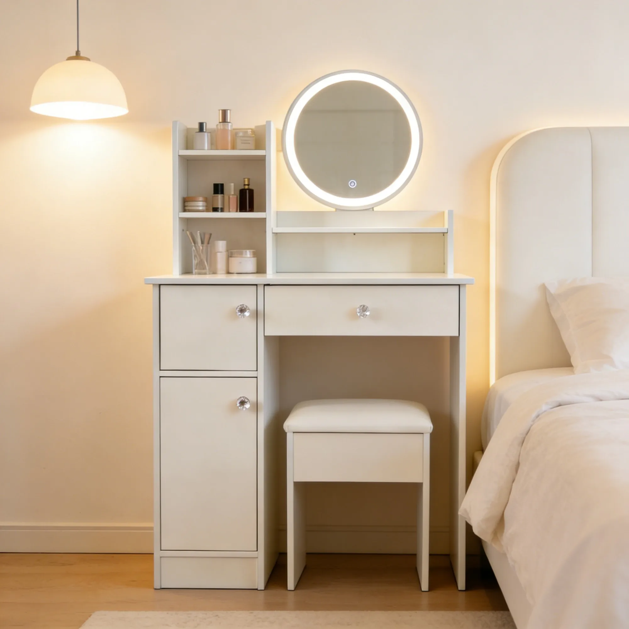 

Vanity Desk with Round LED Mirror, Makeup Vanity Set with Storage Drawers & Cabinet, Cushioned Stool, Dressing Table for Bedroom