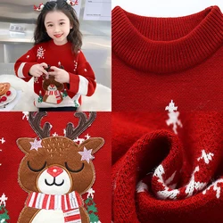 Girls Christmas Reindeer Pattern Sweater Red Xmas Gift Children Cartoon Snowflake New Year Party Costumes Kids Charm Apparel