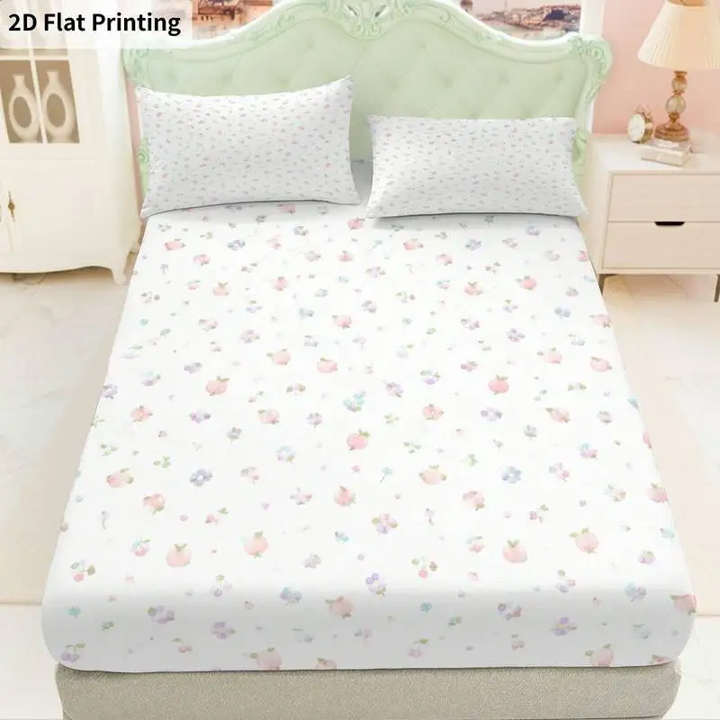 3Pcs Pastel Hearts Fitted Sheet Three Piece Set (1*Fitted Sheet + 2*Pillowcases, Coreless), Bedding Set