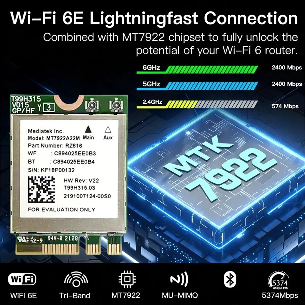 MT7922 WiFi 6E Wireless LAN Card 2400Mbps Wifi Network Card 2.4G 5G 6G 802.11AX M.2 NGFF Bluetooth 5.3 -MiMO Adapter