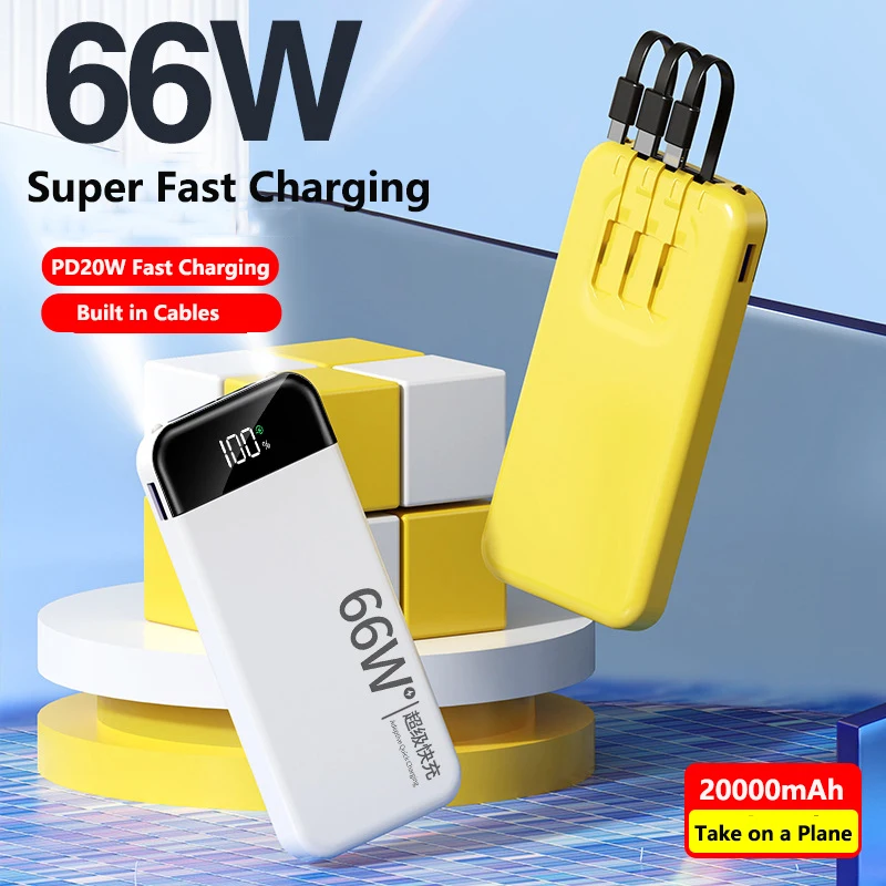 

20000mAh Power Bank with Cable 66W Super Fast Charging External Battery Charger For iPhone 15 14 Huawei Samsung PD 20W Powerbank