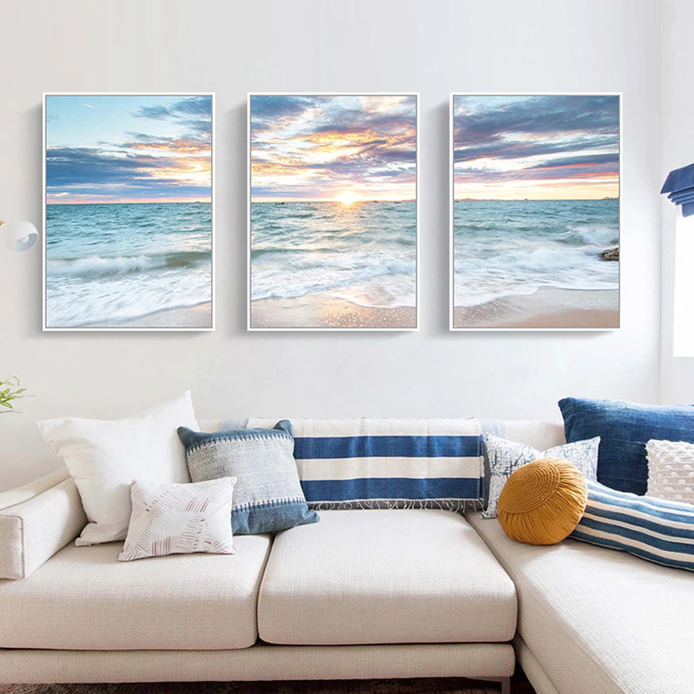 Decorative Landscape 5D Diy Diamond Painting, Blue Sea Picture, Mosaic Wall Art, Ocean Beach, Cross Stitch Home Decor, Triptych