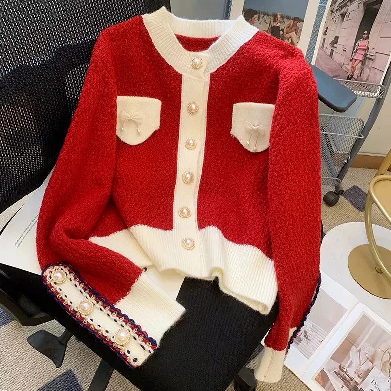 Women\'s Autumn Knitted Cardigan Bow Sweater Loose Fashion Casual Coat Pearl Buckle