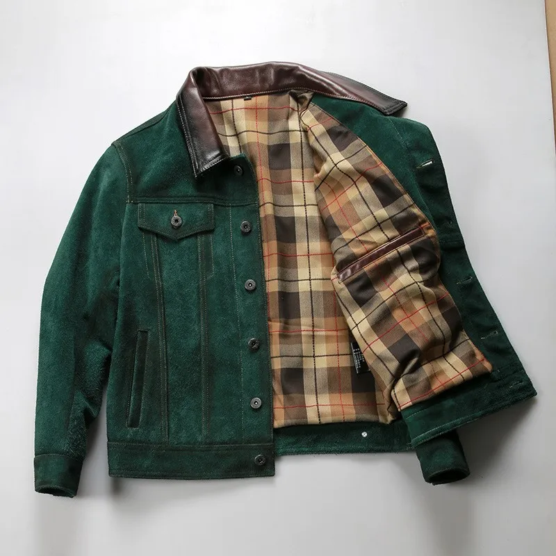 A leather for men with fleece top layer and yellow cowhide