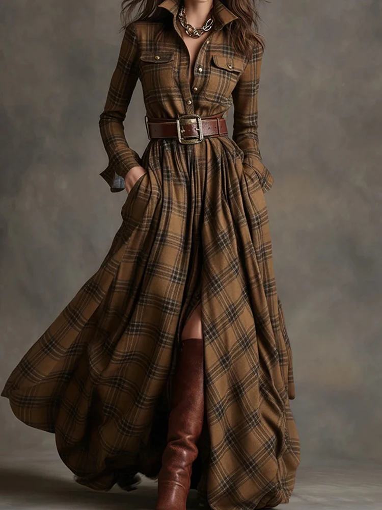 Women Lapel Holiday Chic Maxi Dress, Autumn Plaid Print Patchwork Party Dress, 2025 Long Sleeve Fashion Elegant Ladies Dresses