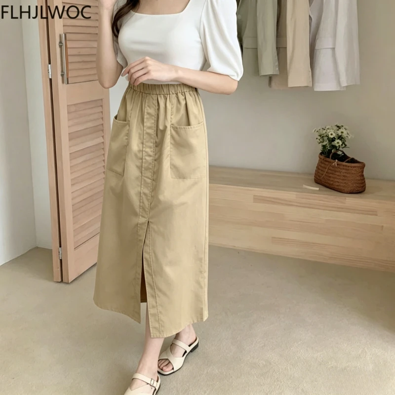 ‌Army Green Skirts New 2026 Summer Fashion Woman Cute Girls Pockets Retro Vintage Solid High Waist Split Slit Long Skirt