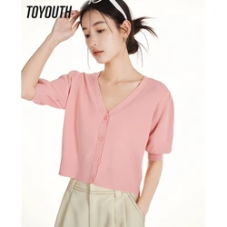 Toyouth Women Knit Cardigan 2023 Summer Short Sleeve V Neck Loose Cool Fabric Simple Basic Casual Versatile White Pink Tops