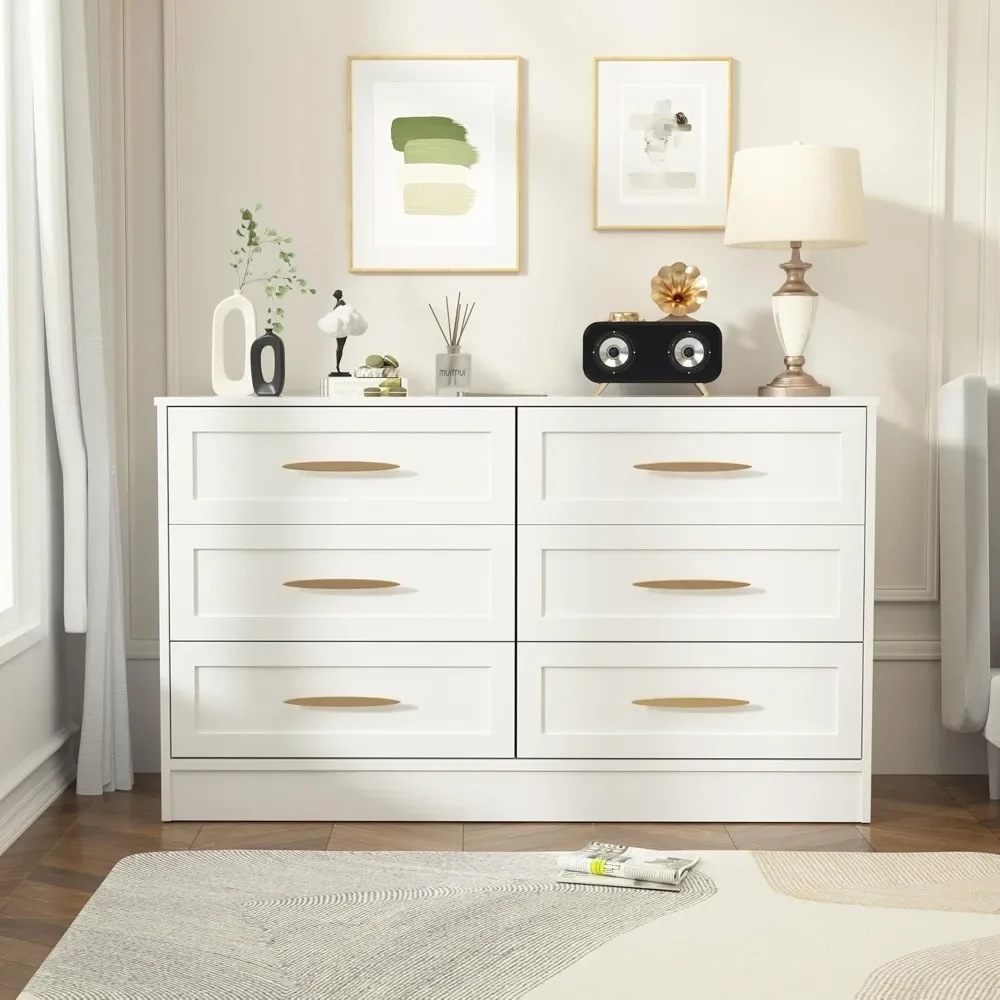 6 Drawer Dresser White and Gold, Tall Dresser for Bedroom, Wood Storage Cabinet, Storage Solution for Entryway and Hallway