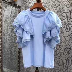 2023 Summer New Ruffle Patchwoek T-Shirts Women Korean Chic O-neck Causal Loose Butterfly Short Sleeve Tees Tops Black White