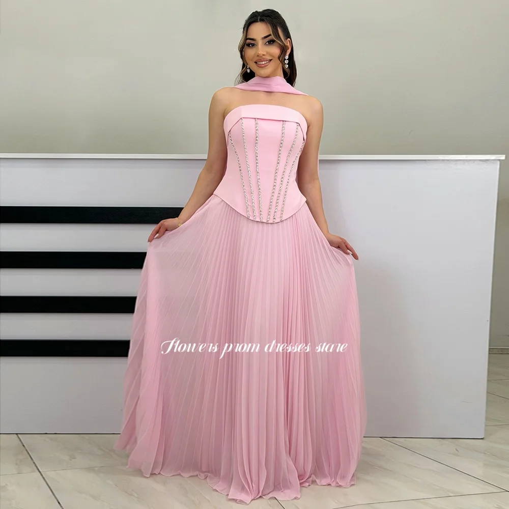 

Flowers Strapless Evening Dress with Scarf Prom Dress Beading Party Dress with Pleats Chiffon Gala Dress for Women Customize