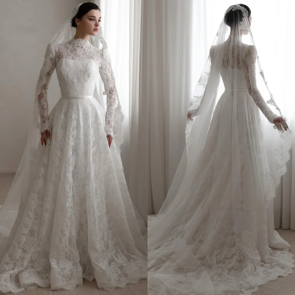 맞춤 제작된 흰색 레이스 클래식 웨딩드레스, 우아한 분위기의 몽환적인 지퍼 백 브라이덜 가운, 긴 소매와 하이 칼라 드레스