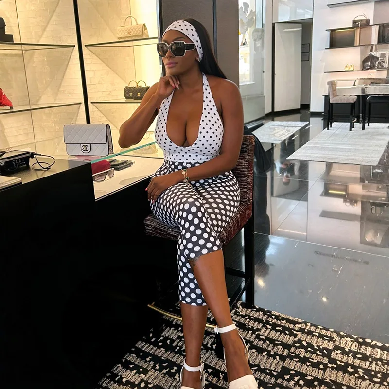 

Women Sexy Polka Dots Print Halter Backless Skinny Calf Length Jumpsuits with Headband Deep V Neck Sleeveless Peach Hip Overalls