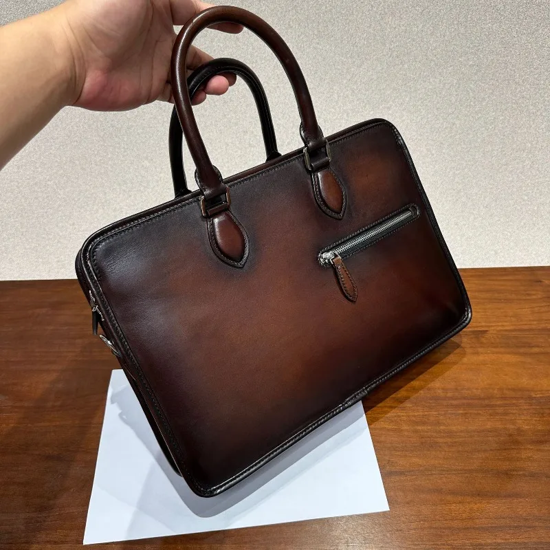 High-end retro large-capacity leather handbag imported calfskin ancient hand-polished
