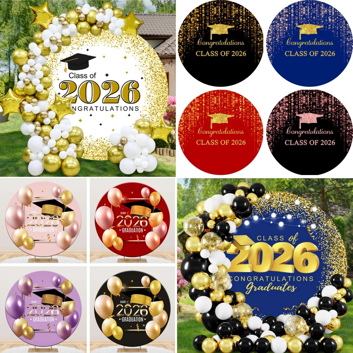 

Фон для фотосессии выпускников 2026 года: круглый, с блестками, с воздушными шарами и бакалаврским колпаком, для выпускной церемонии