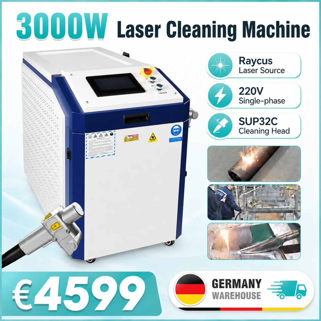 3000W 220V Laserreinigungsmaschine 1500W 2000W Faserlaser-Reiniger mit Einzelpendel-Reinigungskopf zur Entfernung von Rost, Öl und Farbe für Metall- und Steinoberflächen mit Wasserkühlung