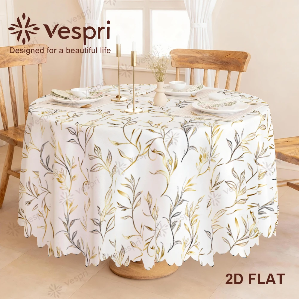 Vespri Floral Easter Tablecloth White Gold Leaves Branches Round Rectangle Oval