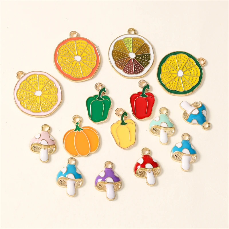 10 Stück Niedliche Emaille-Anhänger in Form von Kürbis, Orange und Pilz für Schmuckherstellung, Ohrringe, Halsketten, Armbänder, DIY-Bastelbedarf – Detail 1