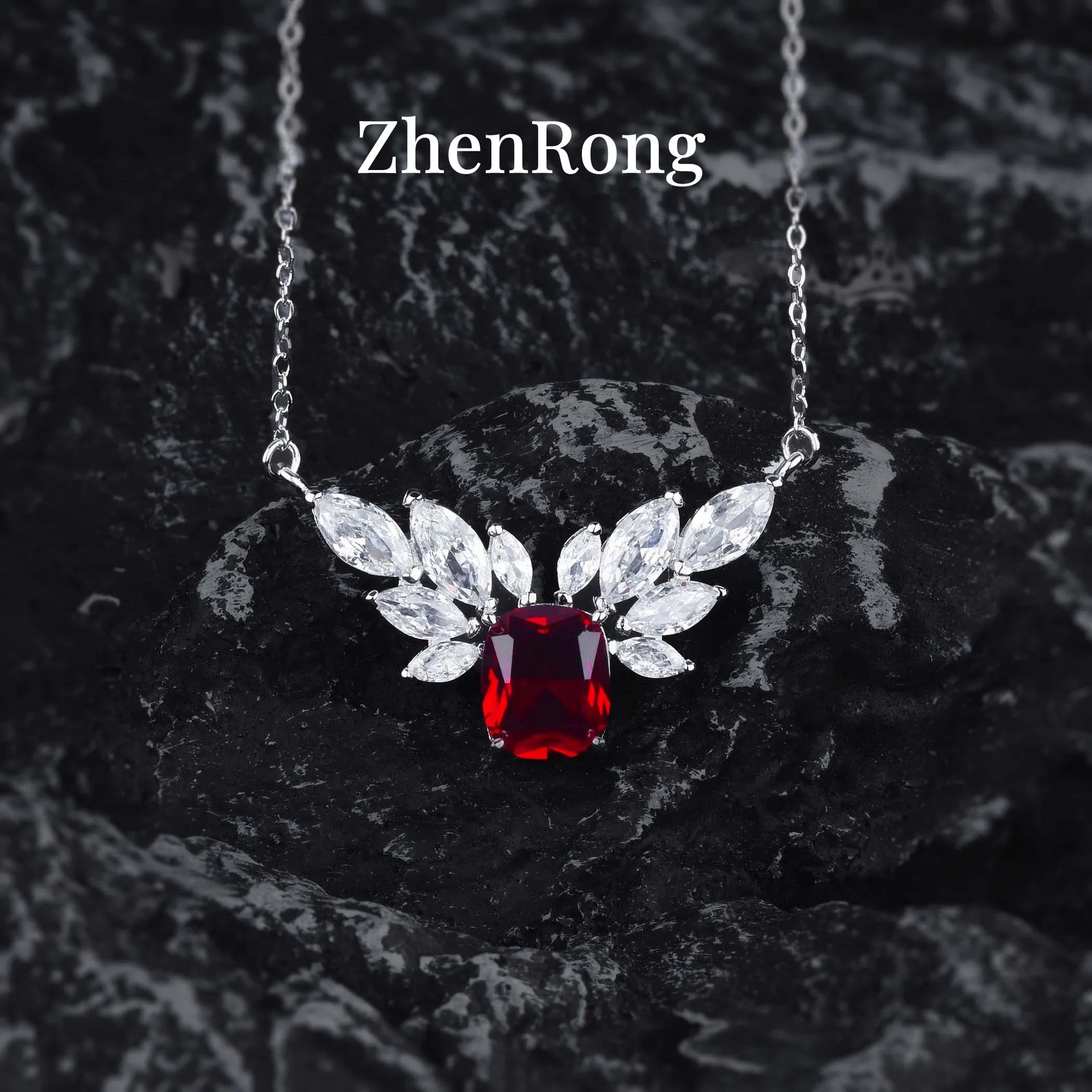 New Silver Color Simulation Pigeon Blood Ruby Pendant Necklaces For Women Luxury Red Zircon Princess Square Party Jewelry