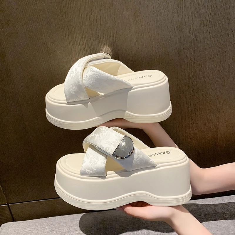 

8cm Heels Chunky Platform Slippers For Women Open Toe Leather Wedges Sandals Woman Summer Thick Bottom Female Beach Flip Flops